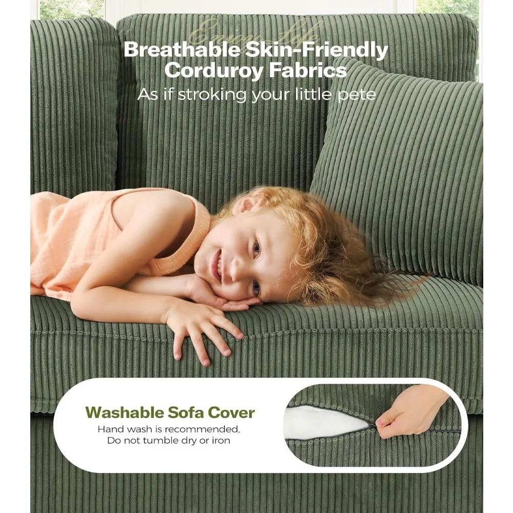 "Sofá verde de 87 polegadas com assentos profundos de 21 polegadas: móveis de sala de veludo cotelê confortáveis para fácil montagem"