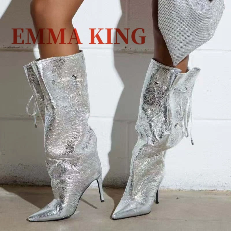 2025 الخريف/الشتاء أحذية عالية الكعب المرأة أنيقة أشار تو الدانتيل يصل واسعة العجل الأحذية موضة خنجر أحذية عالية الكعب #2