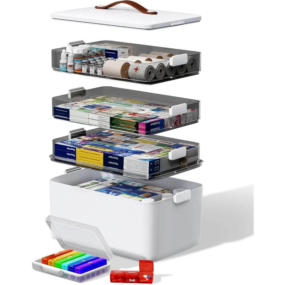 Four Tier Medicine Storage Box with Portable Weekly Pill Organizer for Home Emergency Use
