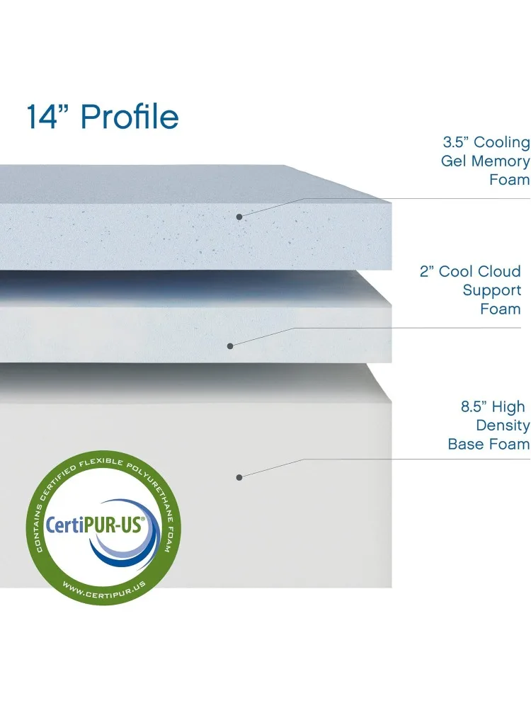 Chill 14 Inch Medium Firm Memory Foam Mattress Queen Size, with 2 Bonus CoolGel Memory Foam Bed Pillows, 14" with Press