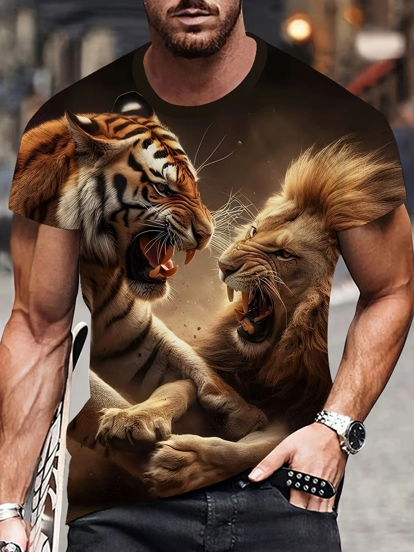 Men's Tiger VS Lion Confrontation Print T-Shirt Realistic Wild Beast Roar Crew Neck Casual Short Sleeve
