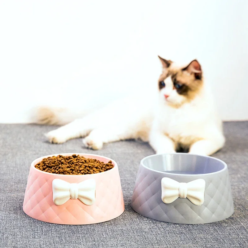 Pet Dog Food Bowls Lovely Bowknot Puppy Feeder Dish Bowl Diamond Pattern Bow Cat Bowl for Water Sweet Princess Pet Feeding Bowls