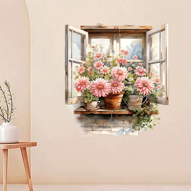 Fake Window Flowers Wall Sticker Living Room Wall Corridor Entrance Background Home Decoration Wall Art Self-adhesive Waterproof