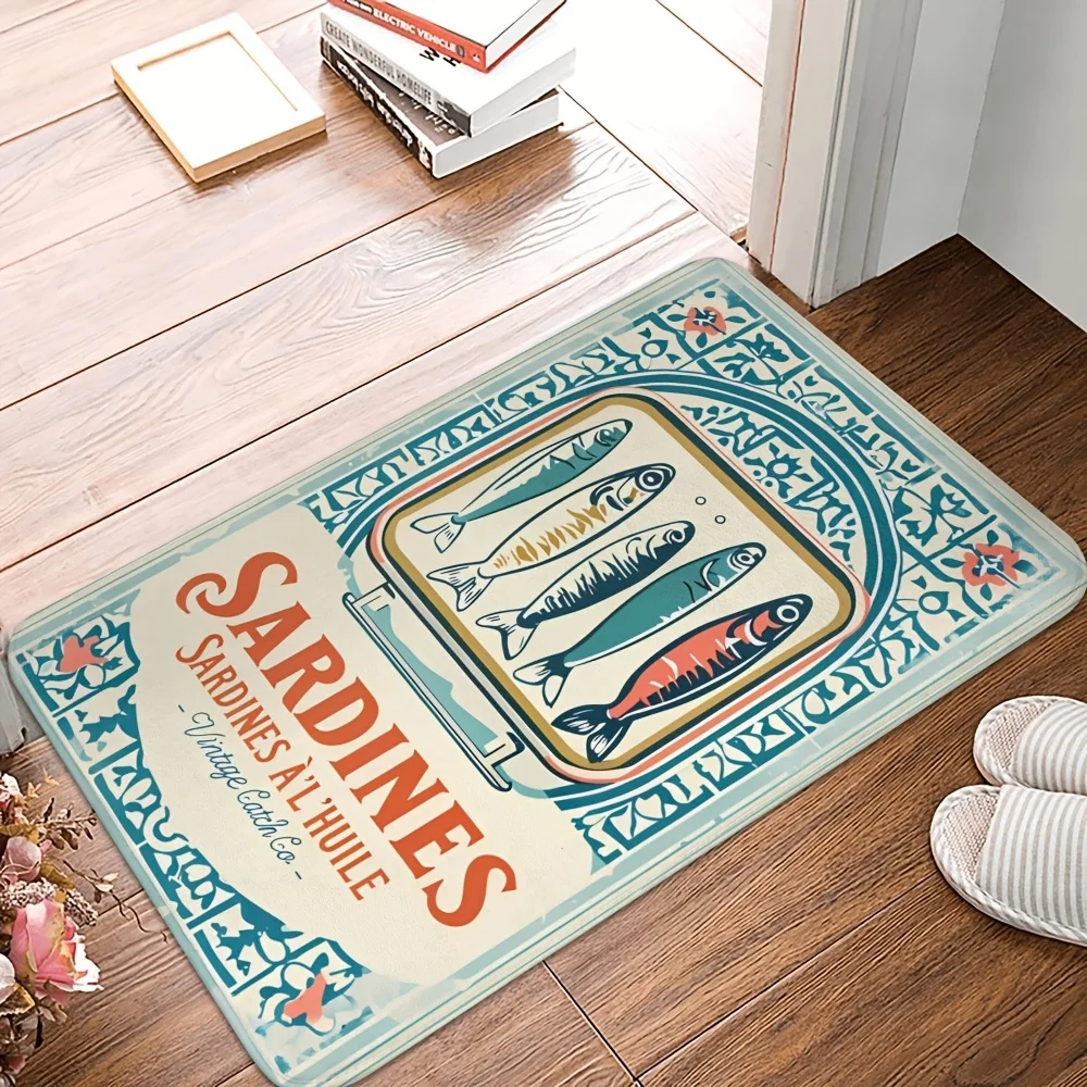 VIKAMA Vintage Sardine Tin Can Doormat,Non‑Slip Mat,Retro Fish Label Art Print Carpet for Kitchen Entryway Indoor Home Decor Mat