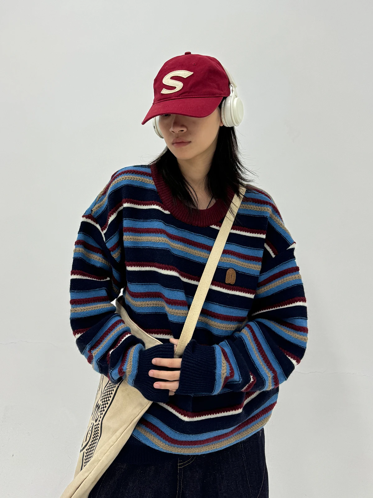 

Женский вязаный джемпер свободного кроя с круглым вырезом, в полоску, с узором Cisas, осенне-зимний, в корейском стиле, повседневный топ