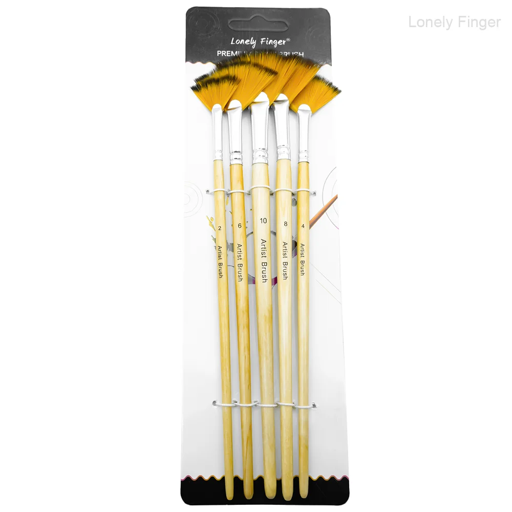 5 قطع من فرش المروحة، فرشاة طلاء للرسم بمقبض خشبي، مجموعة فرش شعر من النايلون لزيت الأكريليك والألوان المائية