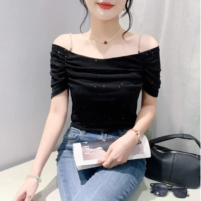 #8201 Black Pink Green Off Shoulder T Shirt Women Sexy Skinny Short Party Mesh T Shirt Femme Short Sleeve Folds Tee Shirt Summer