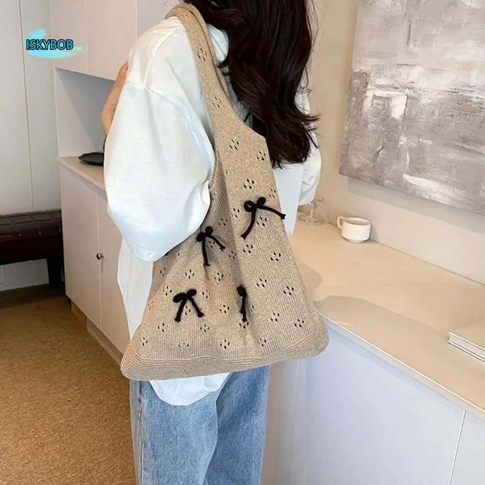 

Sweet Hollow Bow Knitted Shoulder Bag Hobo Aesthetic Knitted Crochet Handbag Underarm Bag Square Beach Tote Bag Daily