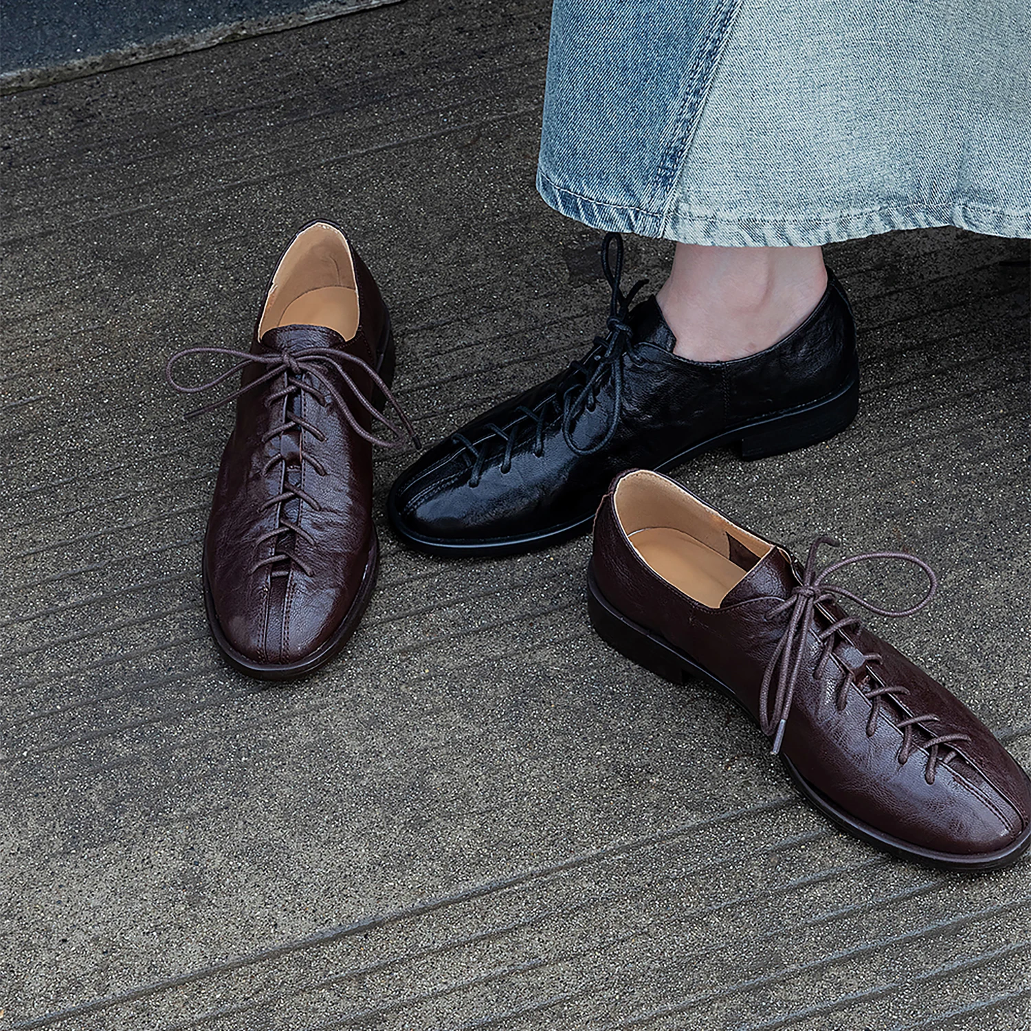 2026 new spring autumn women pumps natural leather 22-24.5cm sheepskin+pigskin+cowhide round toe lace-up women shoes fashion