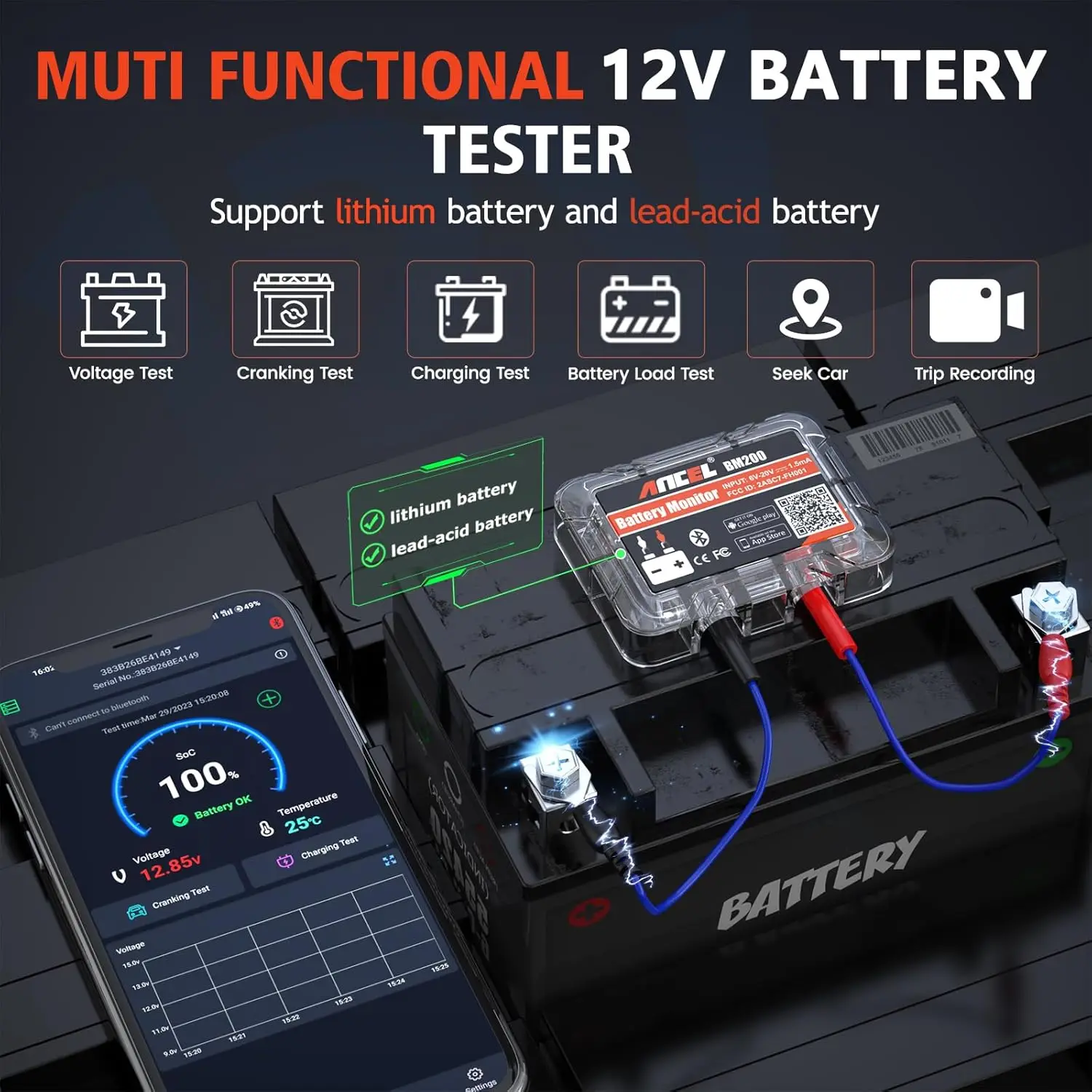 ANCEL BM200 12V Car Battery Tester Automotive Battery Monitor Bluetooth Auto Battery Load Tester Cranking Charging Test Analyzer