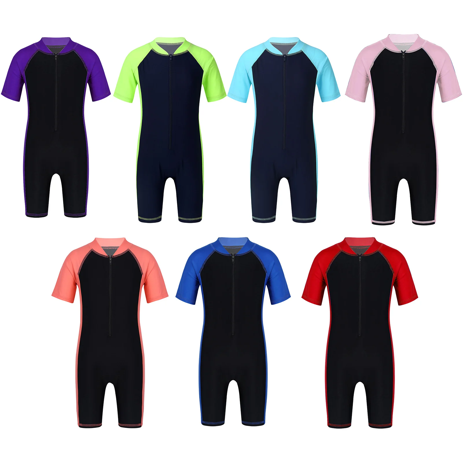 Kids Boys Girls Swimwear One-piece Short Sleeves Zippered Shorty Wetsuit Diving Swimsuit Bathing Suit Rash Guard 4-16 Years