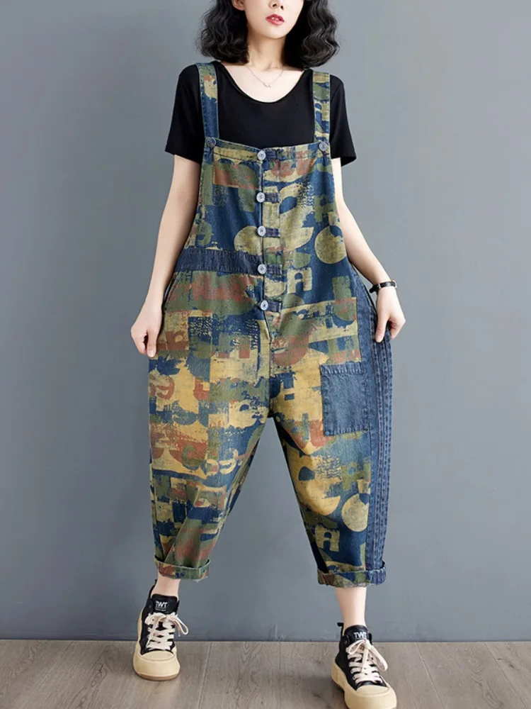 Retro cor blo camuflagem denim macacão feminino verão plus size solto emagrecimento macacão nove pontos harem calças