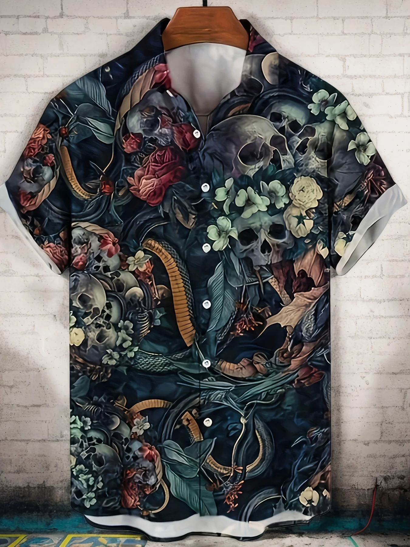 Herren Kurzarmhemd mit dunklem Totenkopf-Schlangen-Rosen-Retro-Punk-Kunstdruck