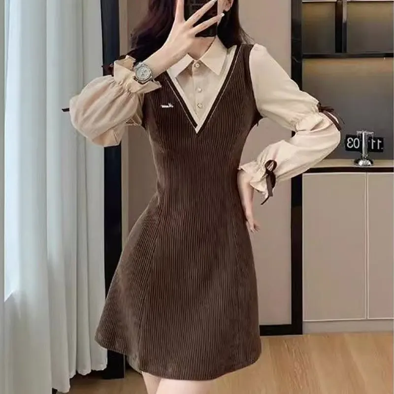 French Style Polo-Neck Mini Dress Female Clothing Fake Two Pieces Patchwork Autumn Basic Long Sleeve Stylish Bow Vintage Dresses