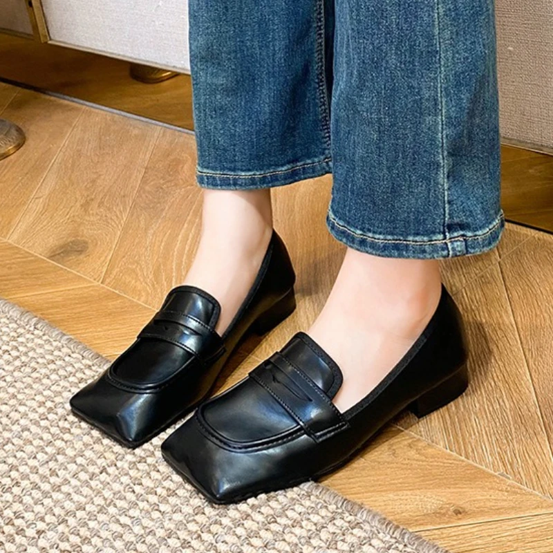 Women's Shoes Fashion Black Square Toe Leather Shoes Designer Loafers for Women New Comfortable Elegant Casual Shoes Women Shoe 6