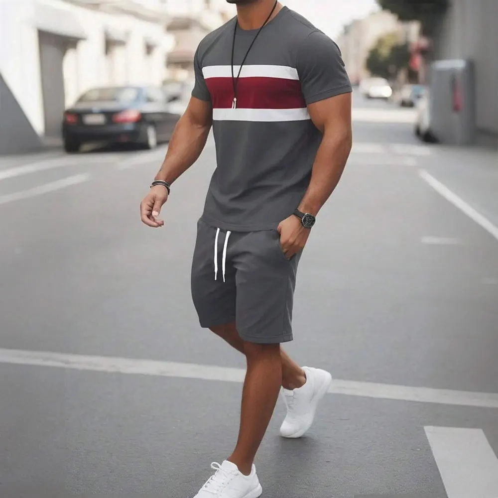 Fashion Men's Short Sleeve T-Shirt And Drawstring Shorts 2-Piece Set Casual New T-Shirt Sports Fitness Men's Clothing Summer