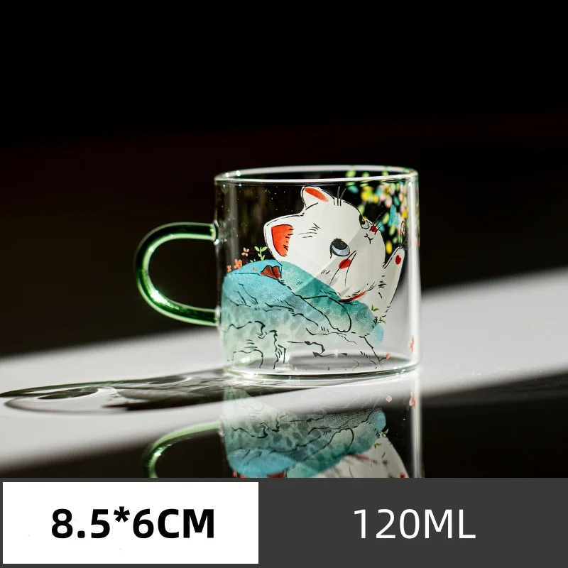 Japanese Style Fortune Cat Espresso Cups Kawaii Glass Lucky Cat Mug for Tea Coffee Cups with Handle 120 ml