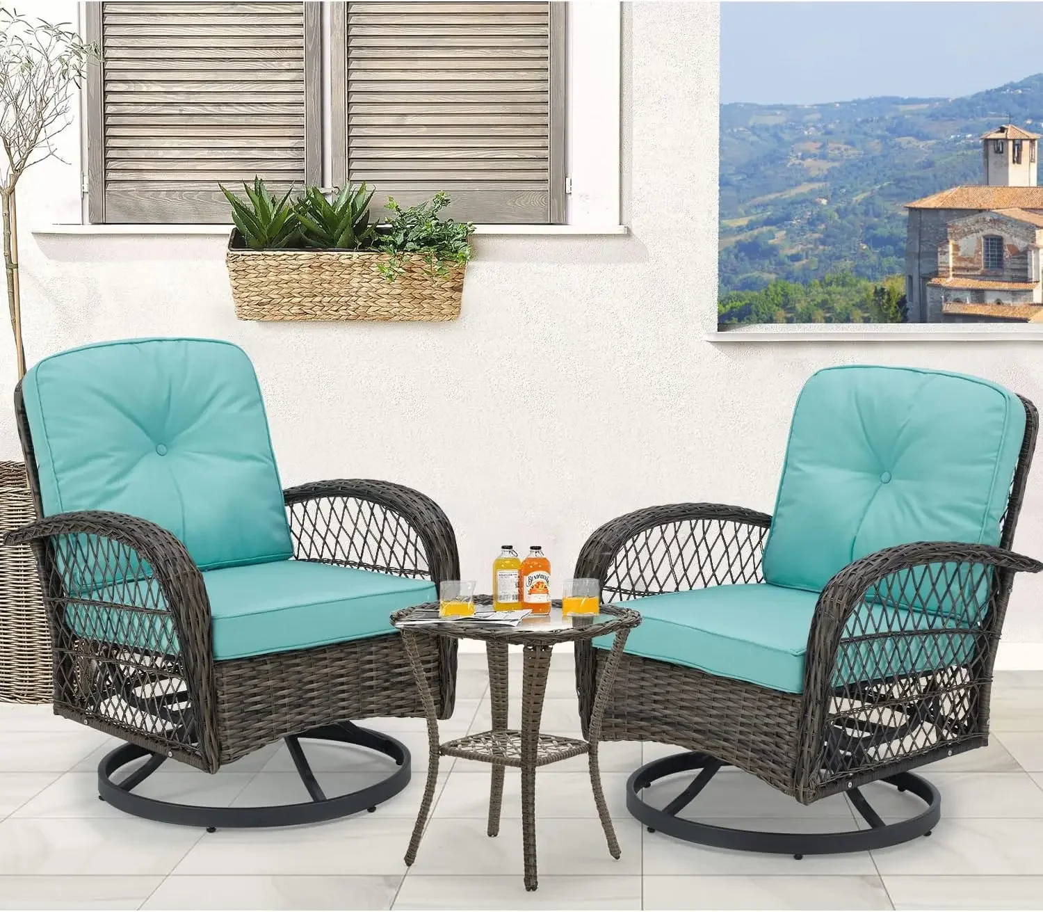 

EROMMY 3 Pieces Outdoor Swivel Rocker Patio Chairs, 360 Degree Rocking Patio Conversation Set with Thickened Cushions Blue