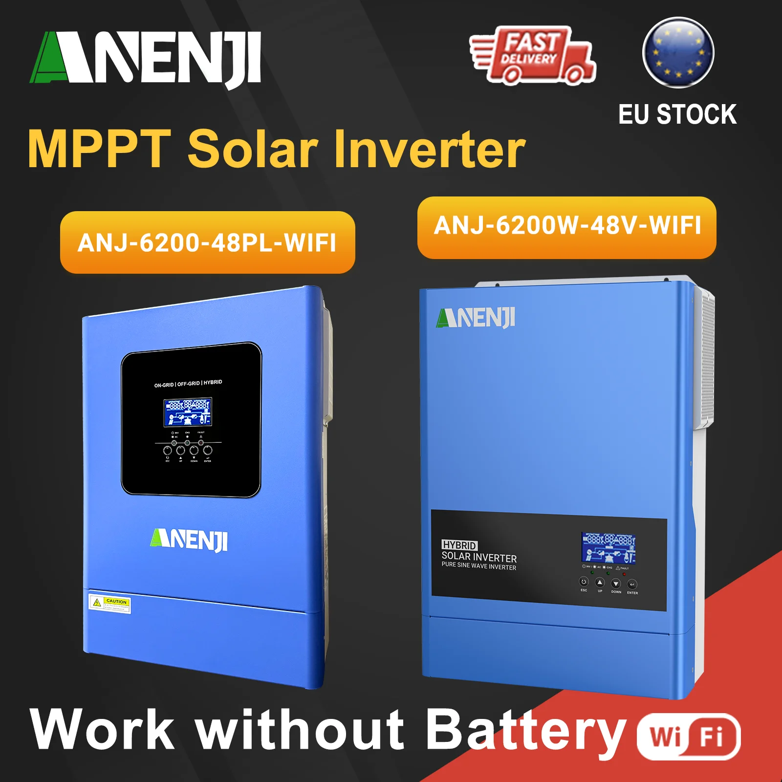 ANENJI 6,2 kW 220 V 48 V Hybrid-Wechselrichter, reine Sinuswelle, On-Off-Grid, 120 A, MPPT-Laderegler, PV-Eingang, 500 V WIFI für Solarpanel
