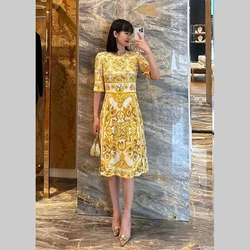 1:1D0cle* 2024ss Women's Premium Textured Dresses Yellow Printed Dress Half Sleeve Midi Luxury Midi Elegant Dresses Ladies