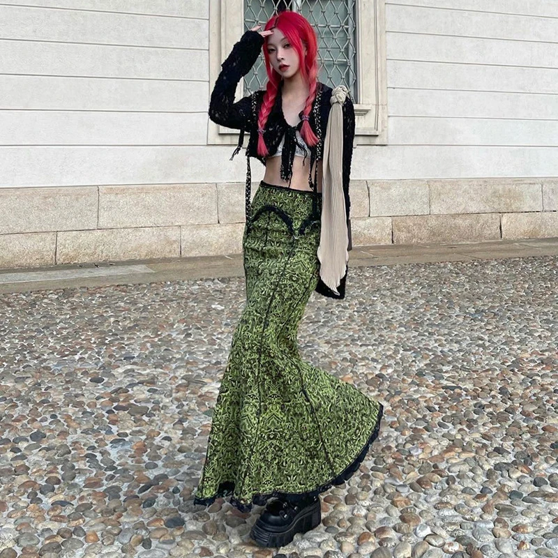 Vintage Print Long Skirt Women Y2K 2000S Lace Patchwork Trumpet Maxi Skirts Aesthetic Elegant High Waist Slim Mermaid Skirts New