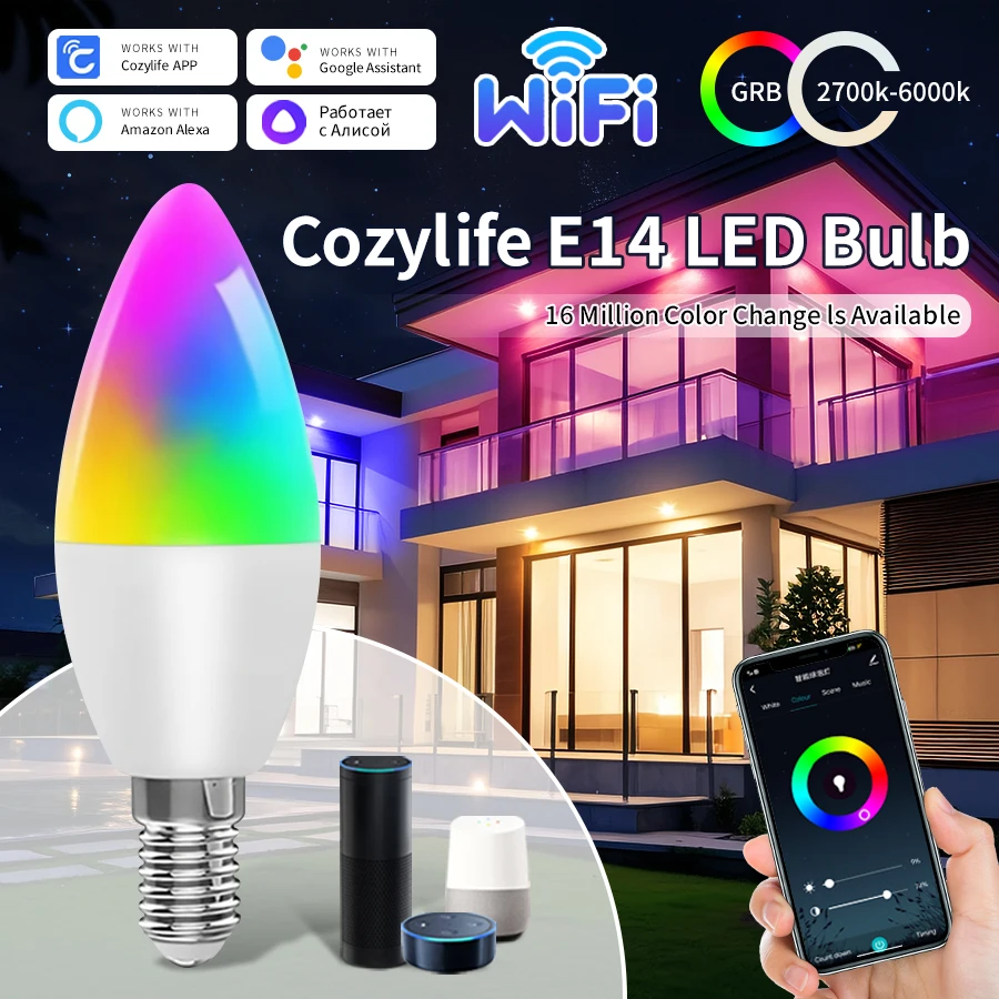 

Cozylife WiFi Smart LED Bulb E14 5W 7W 9W Candel Light Dimmable RGB Lamp Support Voice Control Google Home Alexa for Home Decor