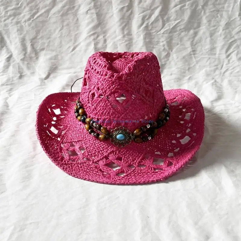 قبعة 97QE كاجوال من القش قابلة للتنفس مع حزام منسوج عرقي، قبعة شمسية واقية لعشاق الرياضة والمسافرين #4