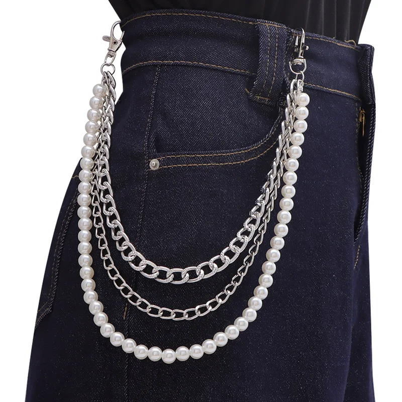Multi‑Layer Pearl Mixed Metal Chain Pants Chain Unisex Waist Chain Vintage Y2K Style Jeans Hanging Ornament Daily Clothing Decor