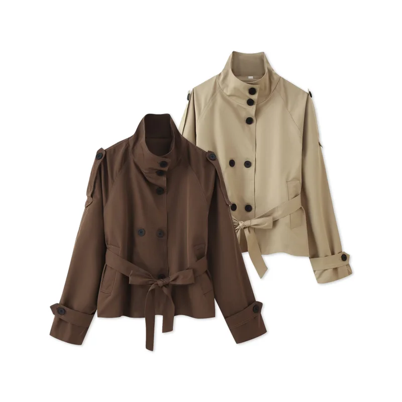 2026 Urban Style Spring Short Trench Coat Women Stand Collar Double Breasted Belted Casual Comfortable Outwear for Daily Travel