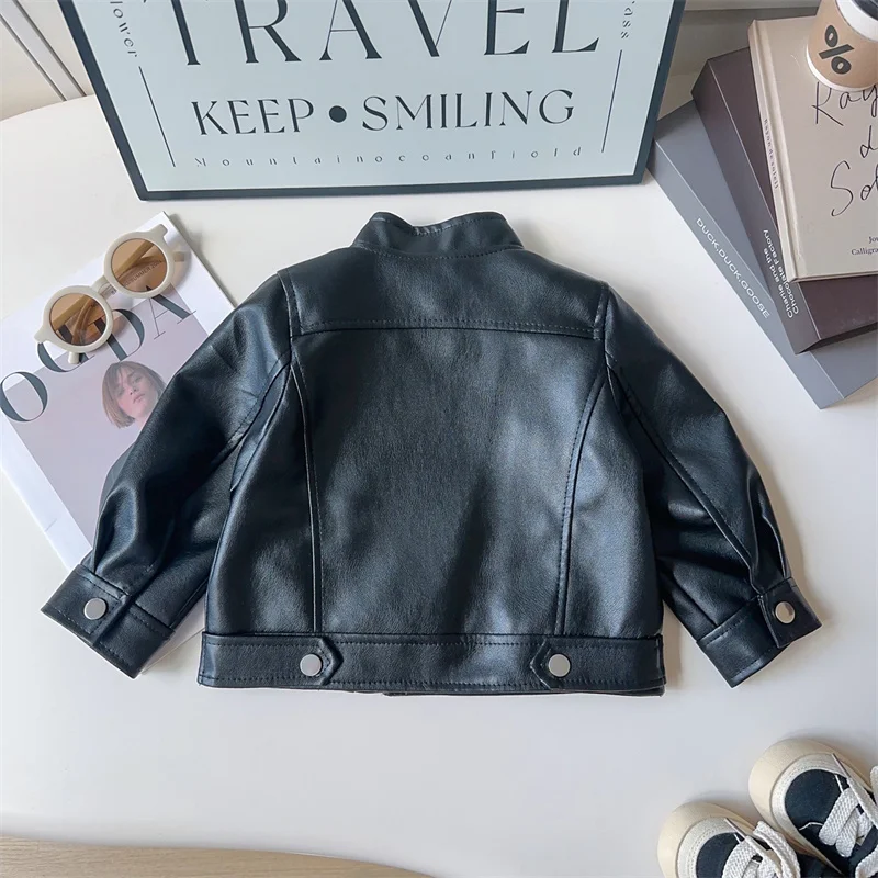 Boys Pu Leather Jackets New Autumn Girls Handsome Classics Coats Children Spring Fashion Outerwear Toddler Kids Zipper Clothes