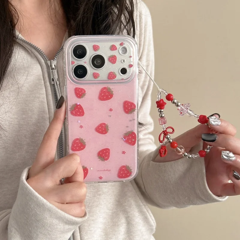 

Korean Glitter Cute Strawberry Phone Case For iPhone 17 Pro 16 15 14 Pro Max Cover with Chain Shockproof Protective Cases Lovely