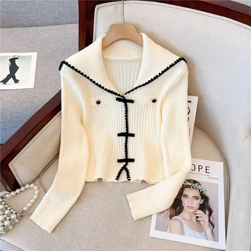 Y2k Cardigan Women College Sweet Girls Age-reducing Sailor Collar Crop Bow Knitted Sweaters Long Sleeve Tops Cozy Korean Trendy