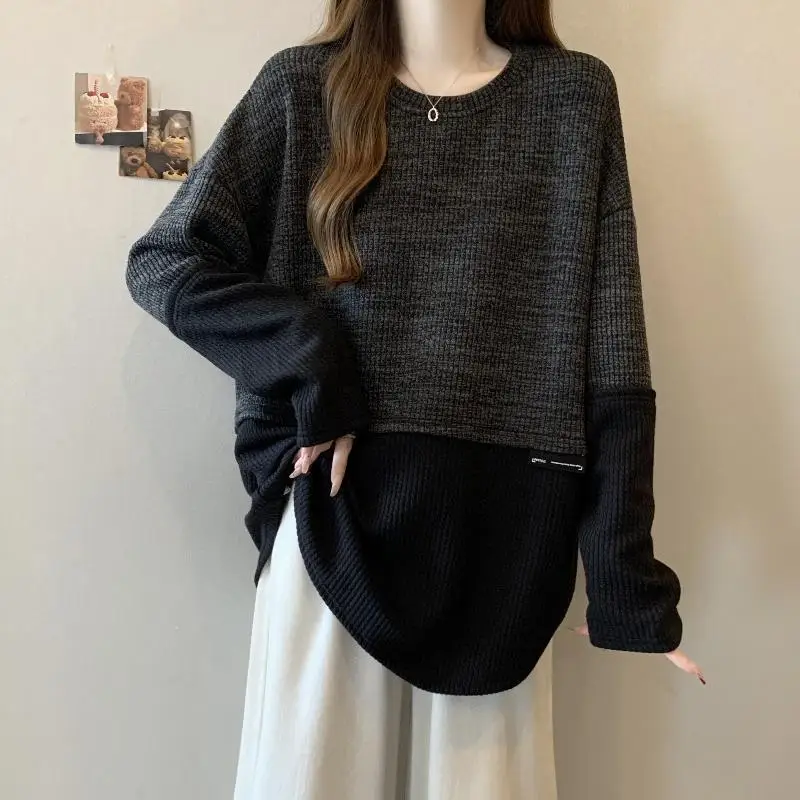 Spring Hit Color Spliced Women Long Sleeve O Neck T Shirts Korean Fashion Casual 2xl Oversized Clothing Basics Daily Black Grey