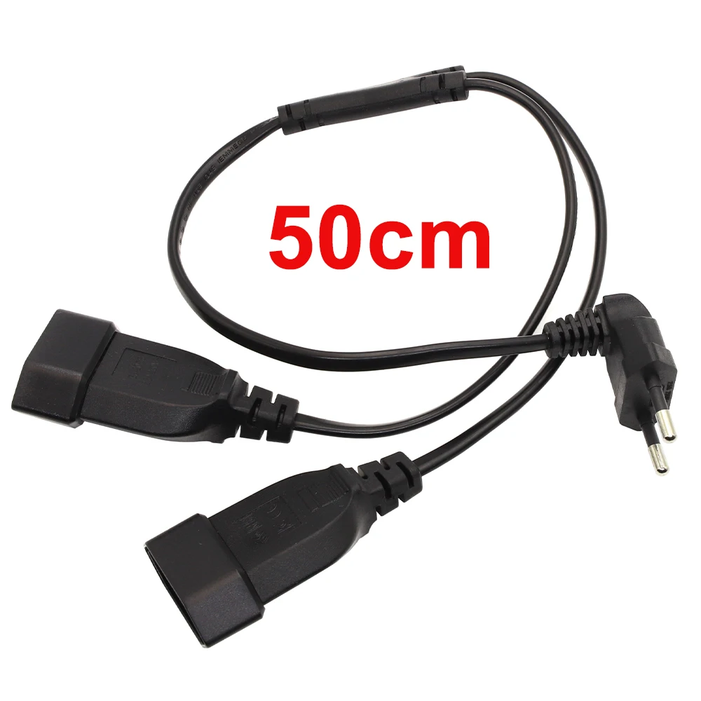 50cm EU European 2 Prong M/F Power Splitter Cable,CEE7/16 90 Degree Male to Female 2 Ways Dual Output Extension Cord Black