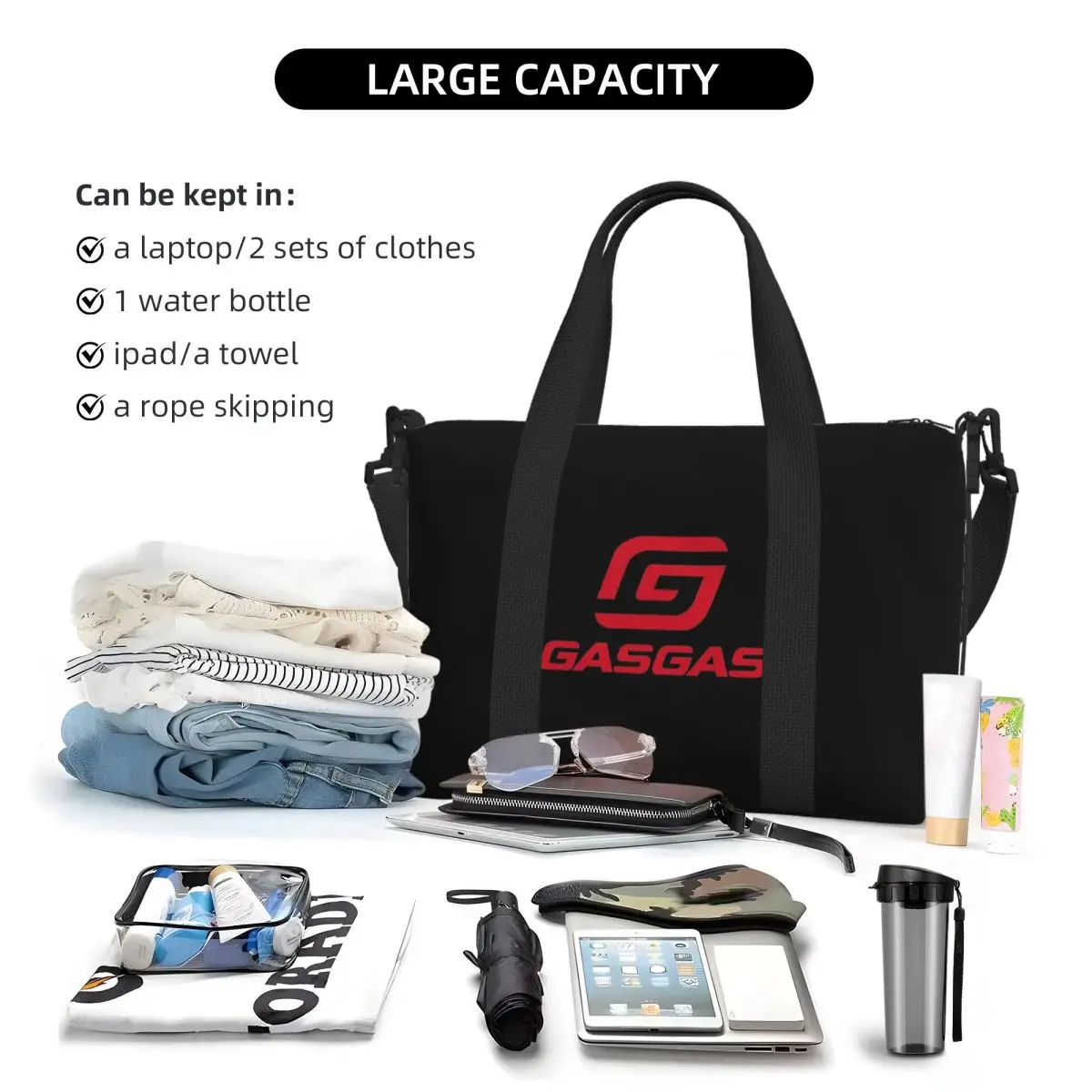 مخصص Gasgas منقوشة شعار حقيبة سفر الشاطئ سعة كبيرة حمل الحقائب لصالة الألعاب الرياضية النساء التسوق حقيبة كتف واق من المطر