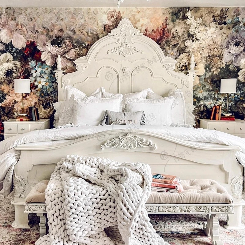 European classical ivory white solid wood bed/bedroom solid wood carving flower bed/soft bag double bed/solid wood retro villa