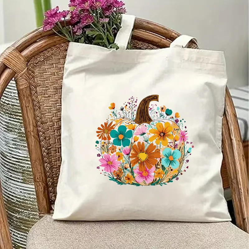 Women'S Halloween Tote Bag - Cute Pumpkin Floral print with Orange, Pink, Green, Yellow, - Open Top Everyday & Party Bag - Machi