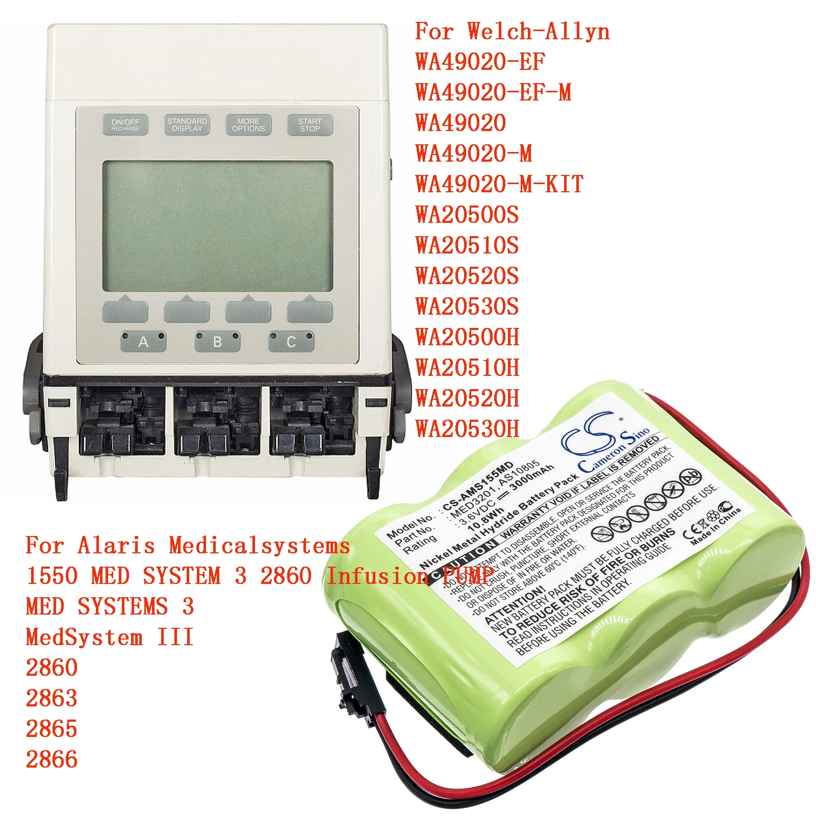 Cameron Sino Medical Battery for Welch-Allyn WA20530S WA20500H WA20510H WA20520H WA20530H For Alaris Medicalsystems MED SYSTEMS3