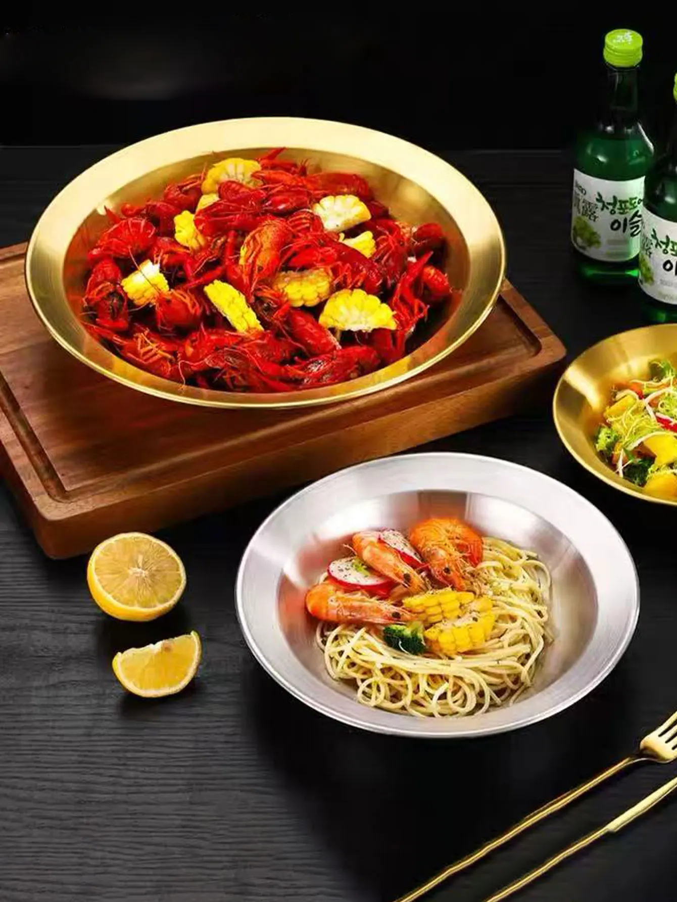 6.5/8/ 9inch Stainless Steel Straw Hat Plate Korean-Style Crayfish Plate Salad Bowl Deepened Round Dish Plate Boiled Fish Plate Pasta Plate 1Pcs