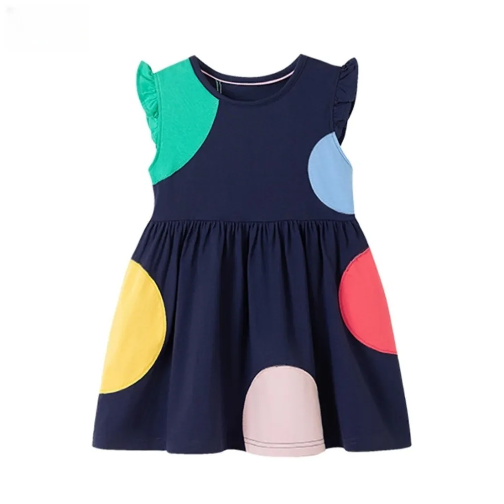 

Girls' Navy Blue Sleeveless Dress - with Ruffled Shoulders and Colorful Circle Patchwork Design - Suitable for Ages 2-7y