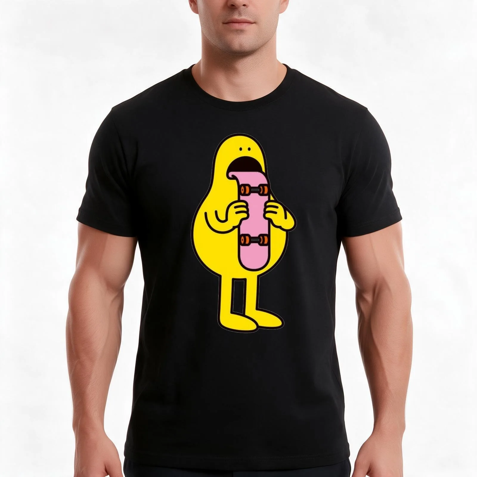 Yellow guy with skateboard tongue T-Shirt, Summer Casual Cotton Tee, Oversized Streetwear Tops, Vintage Graphic Print