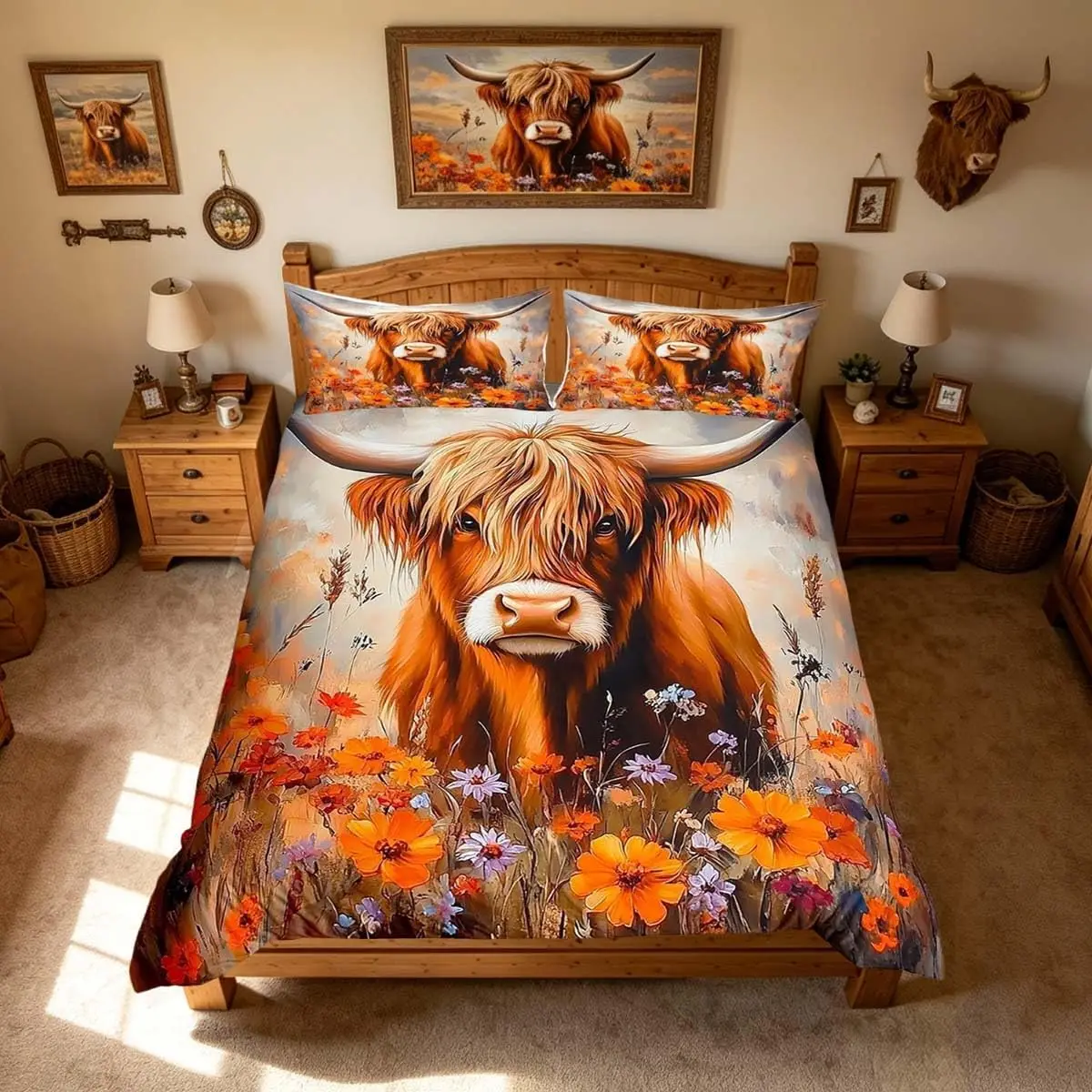 Highland Cow Duvet Cover Set Double Size Botanical Floral Bedding Set With 2 Pillowcases Orange Daisy Farmhouse