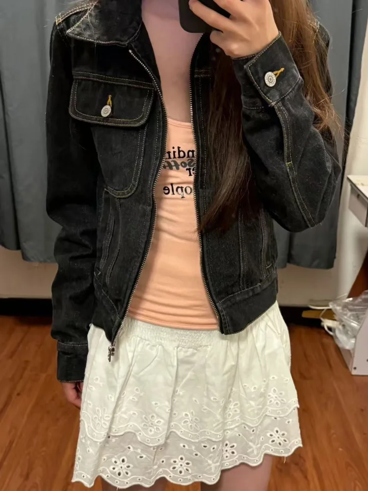 

2025 Harajuku джинсовая куртка на молнии в стиле ретро, женский облегающий кардиган, универсальное субкультурное повседневное пальто, винтажные топы, уличная женская одежда