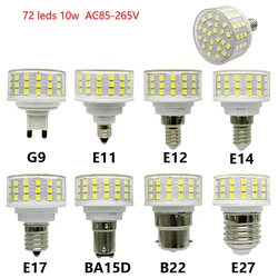 Bombilla LED G9, E27, B22, E14, E12, E17, Ba15D, E11, foco, mazorca de maíz, 10W, 85-265V, 72 LED, smd2835, 3000K, 6000K, reemplaza la bombilla Holagen de 100w