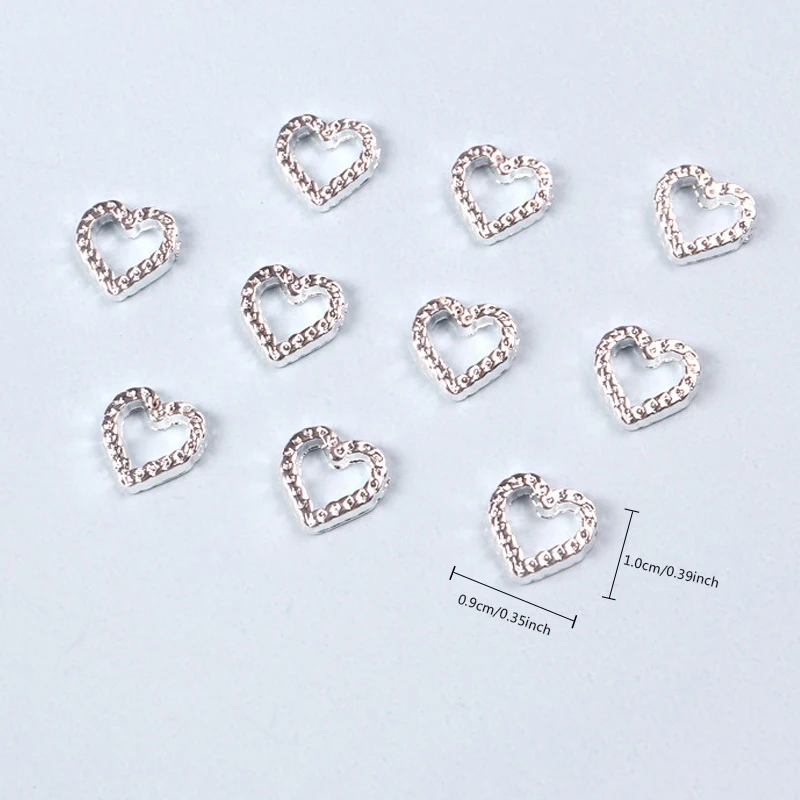 10 Stuks Zilver Hart Legering Nail Art Bedels 3d Zilver Metalen Diamant Holle Hart Liefde Nagel Sieraden Luxe Nagel Accessoires Manicure