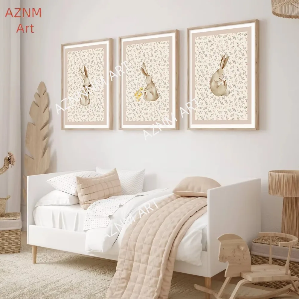 1/3Pcs Beige Bohemian Style Forest Rabbit and Duck Wall Art Canvas Print, Style Flower Watercolor Painting, Rabbit Wall Printing