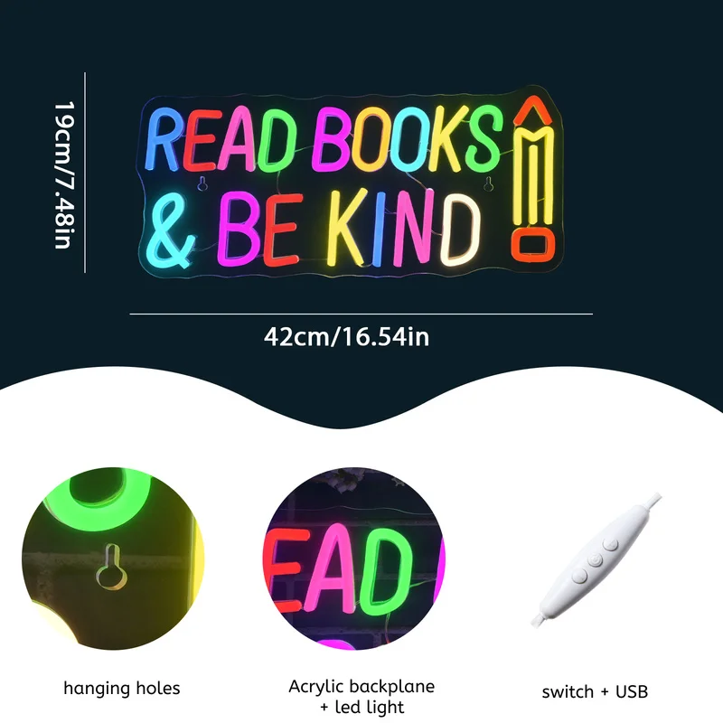 Neon Sign Read Books And Be Kind Wall Hanging Student Light Suitable USB for Classroom Bookstore Library Museum Study Room