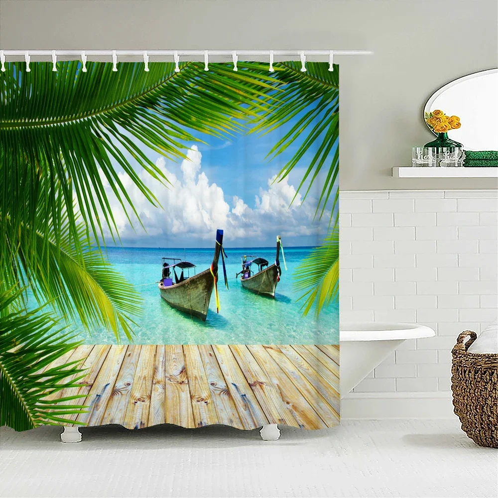 Beach Sea Palm Trees Shower Curtains Scenery Waterproof 3d Bathroom Curtains With Hooks Home Decoration Washable Bath Screen