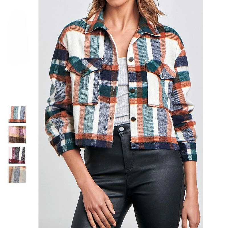 

Women Plaid Coats Single Breasted Pocket Jackets Spliced Short Coat Long Sleeve Turn Down Neck Casual Outwear Winter 2025
