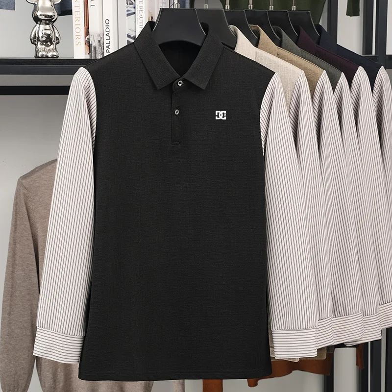 Herbst Neues Herren-Polohemd mit Kontrastfarben-Print, Falsches Zweiteiler-Design, Weiches Langarm-T-Shirt für den Alltag, Lässige Herrenbekleidung – Detail 5